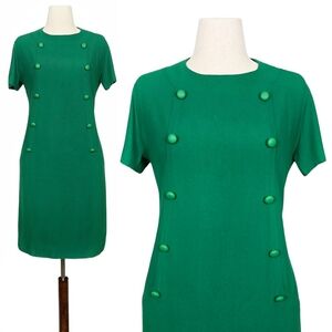 1960s Vintage Dress 60s Mod Shift Pea Green Volup Size L Large Buttons Handmade